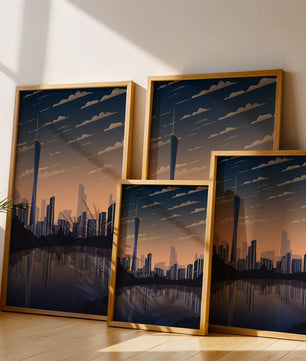 Skyline der Stadt bei Sonnenuntergang mit futuristischem Touch und Wasserspiegelung