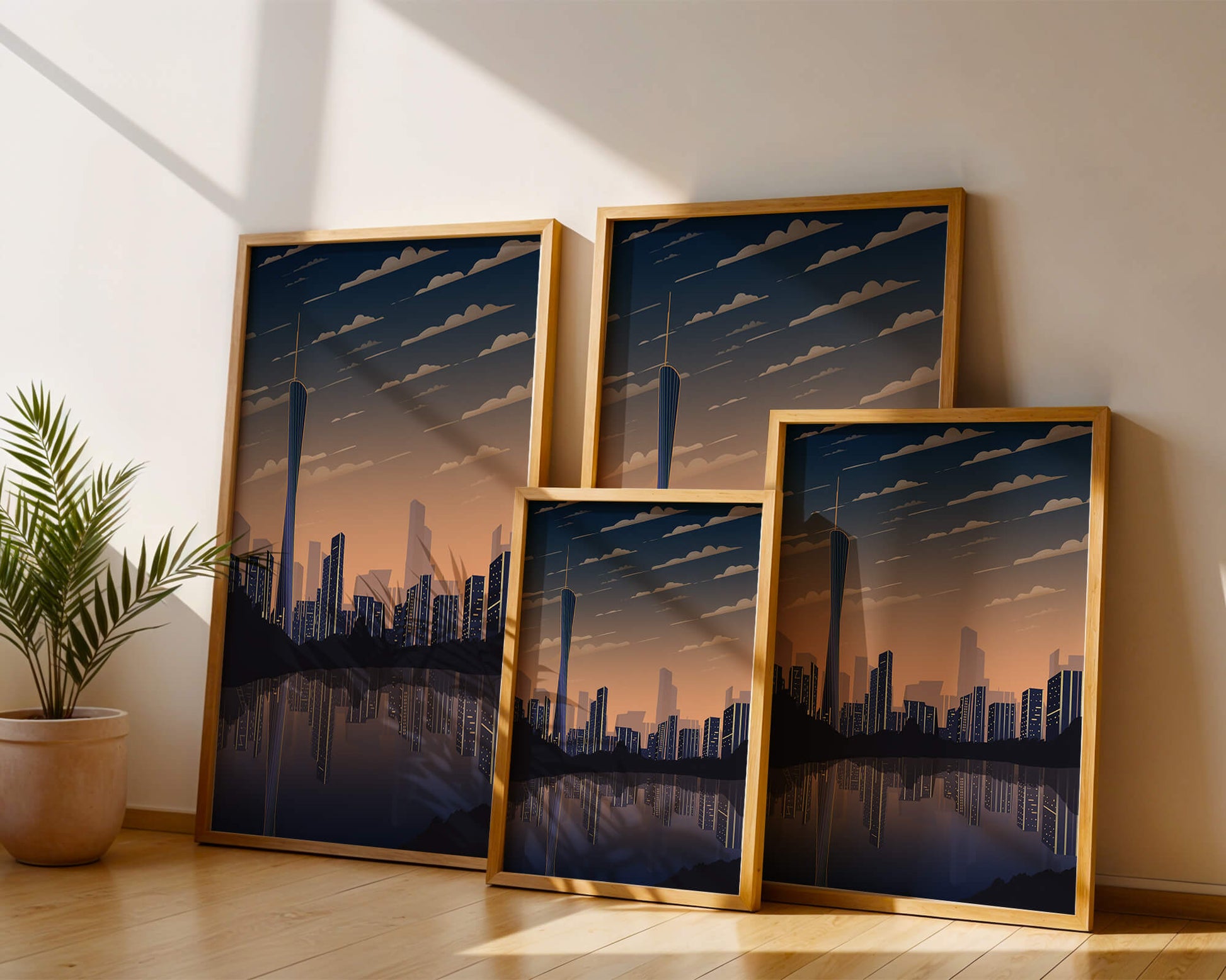 Skyline der Stadt bei Sonnenuntergang mit futuristischem Touch und Wasserspiegelung