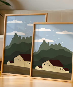 Paisaje minimalista de montaña con casas y pájaros en el cielo