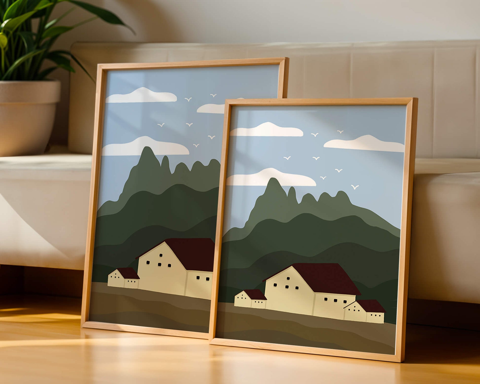 Paisaje minimalista de montaña con casas y pájaros en el cielo