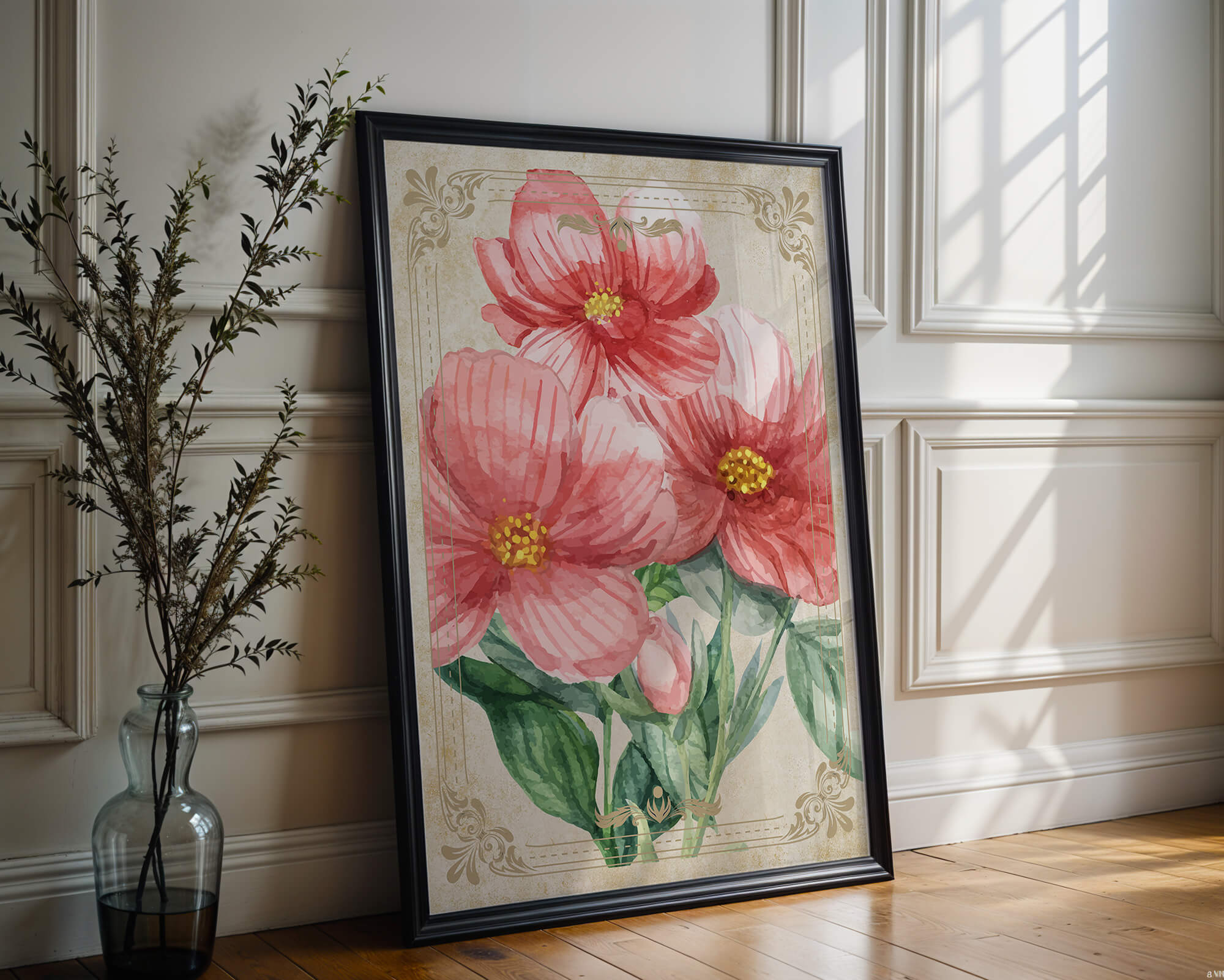 Watercolor floral illustration with pink blooms and green foliage