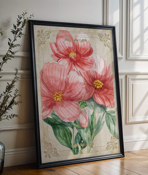 Watercolor floral illustration with pink blooms and green foliage
