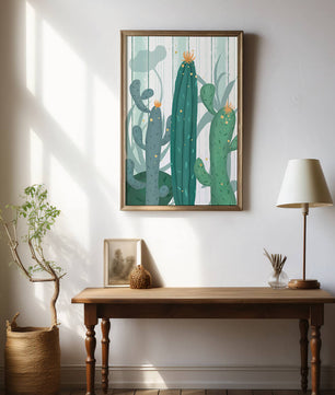 Colorful Cacti with Golden Elements on a Textured Background