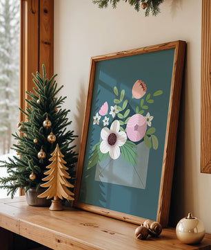 Bouquet floral illustré sortant d'une enveloppe sur un fond bleu sarcelle