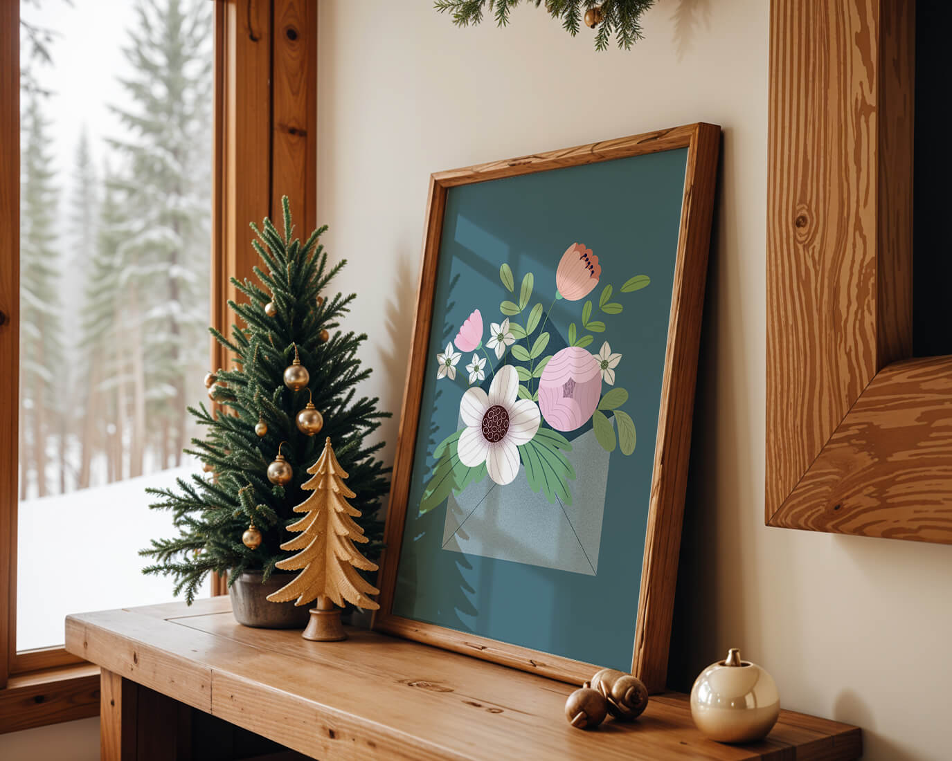 Bouquet floral illustré sortant d'une enveloppe sur un fond bleu sarcelle