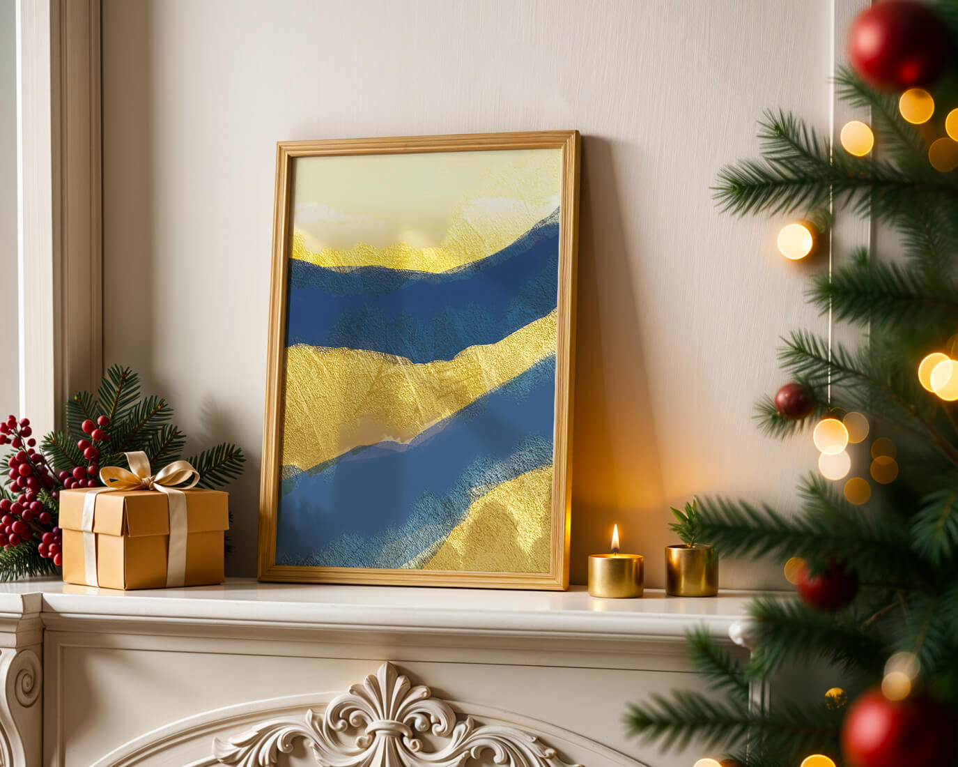 Abstract landscape with blue and yellow textured layers