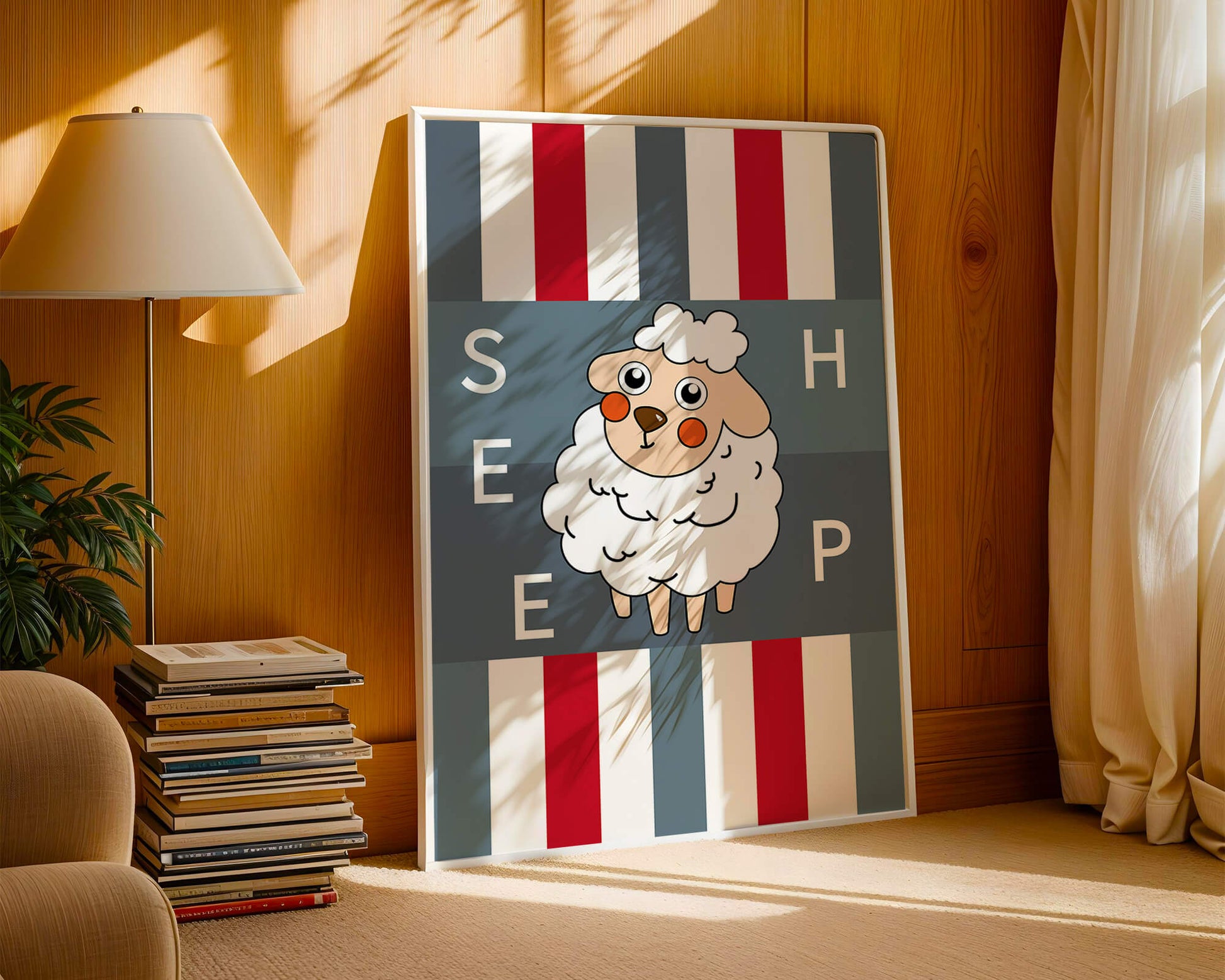 Playful sheep illustration on striped background