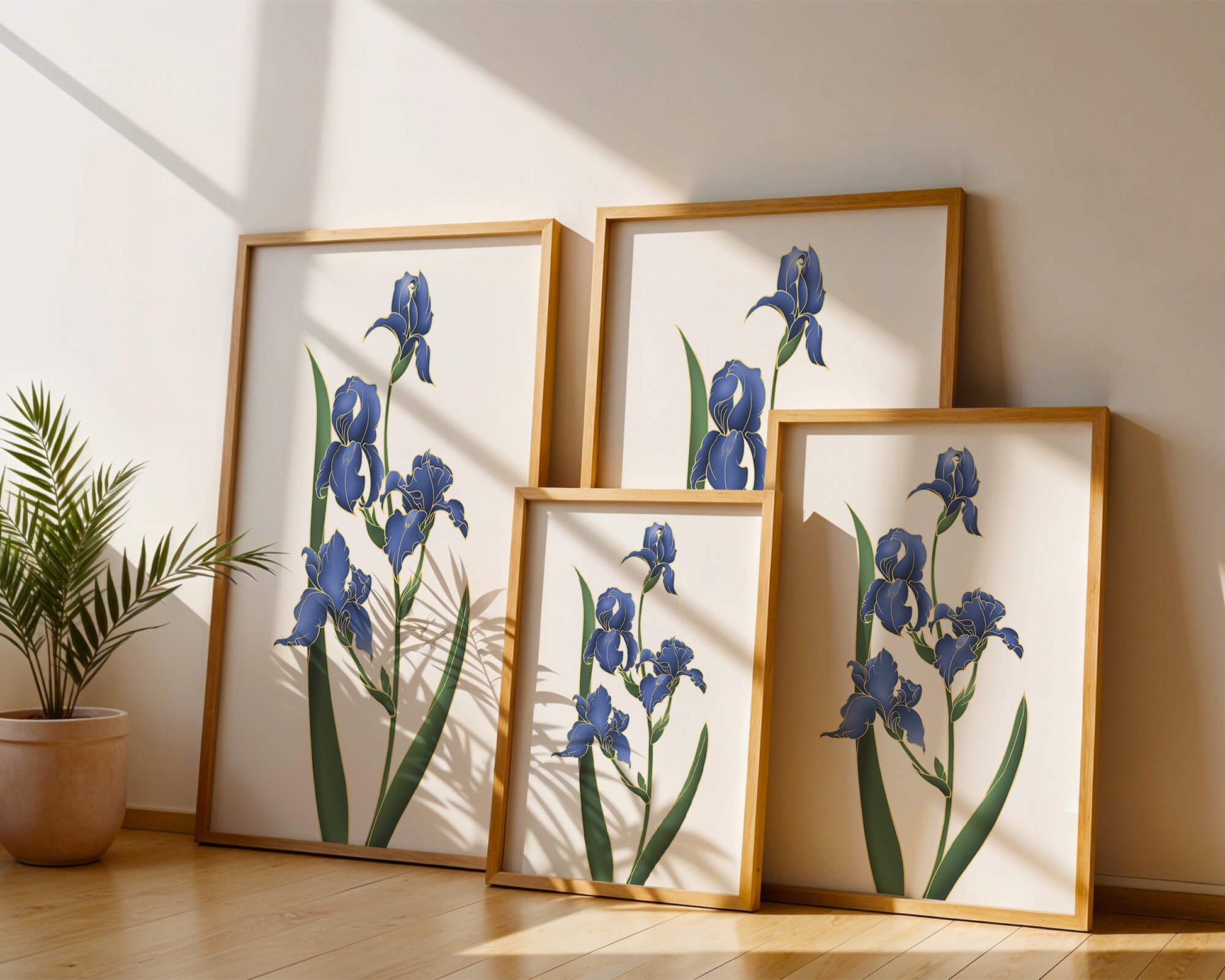 Flores de lirio azul elegantes con acentos dorados sobre un fondo blanco
