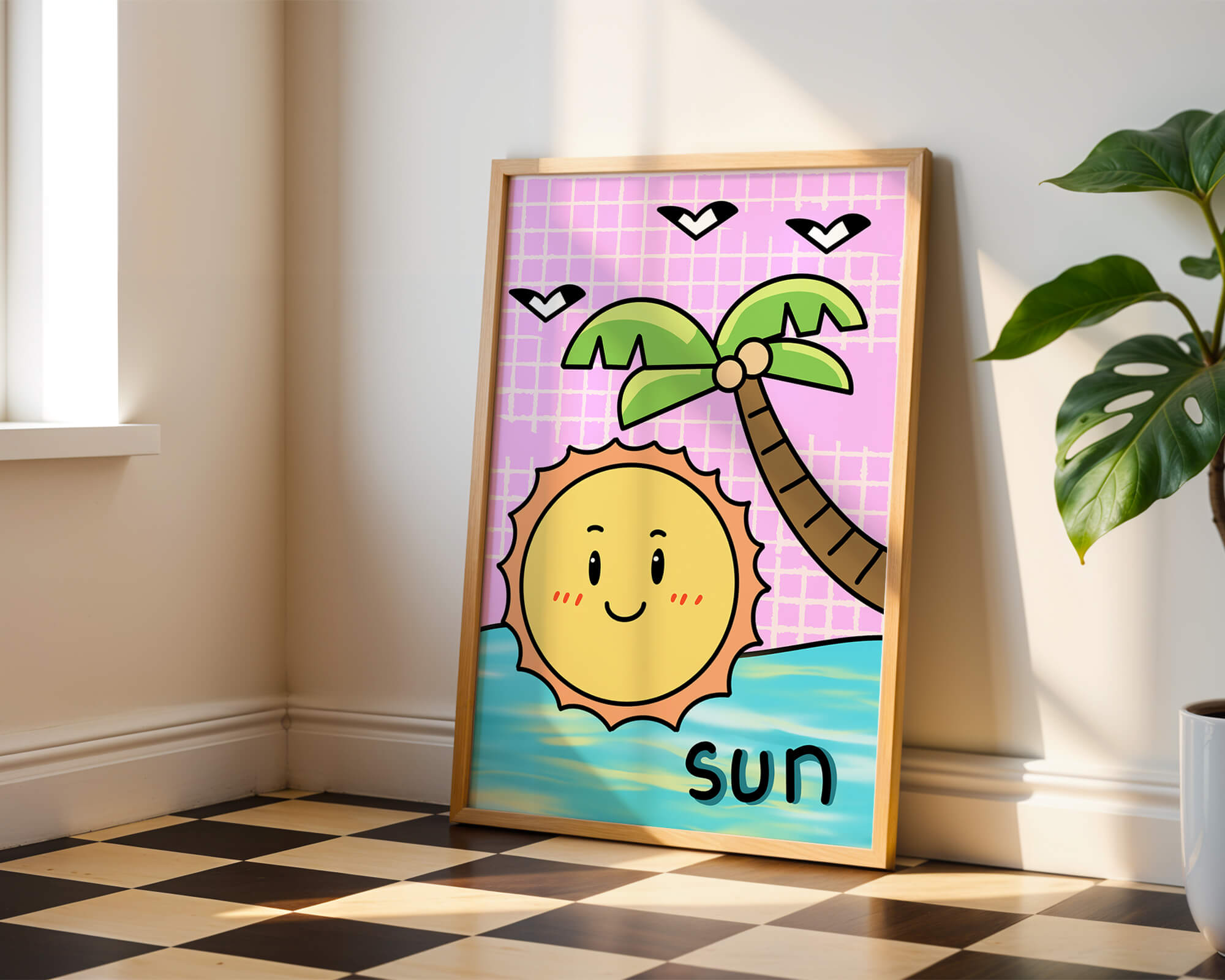 Cartoon sun with palm tree and ocean scene