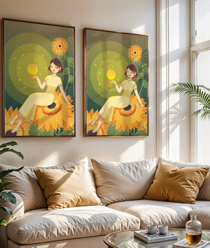 Elegant woman sitting on sunflowers in a celestial scene