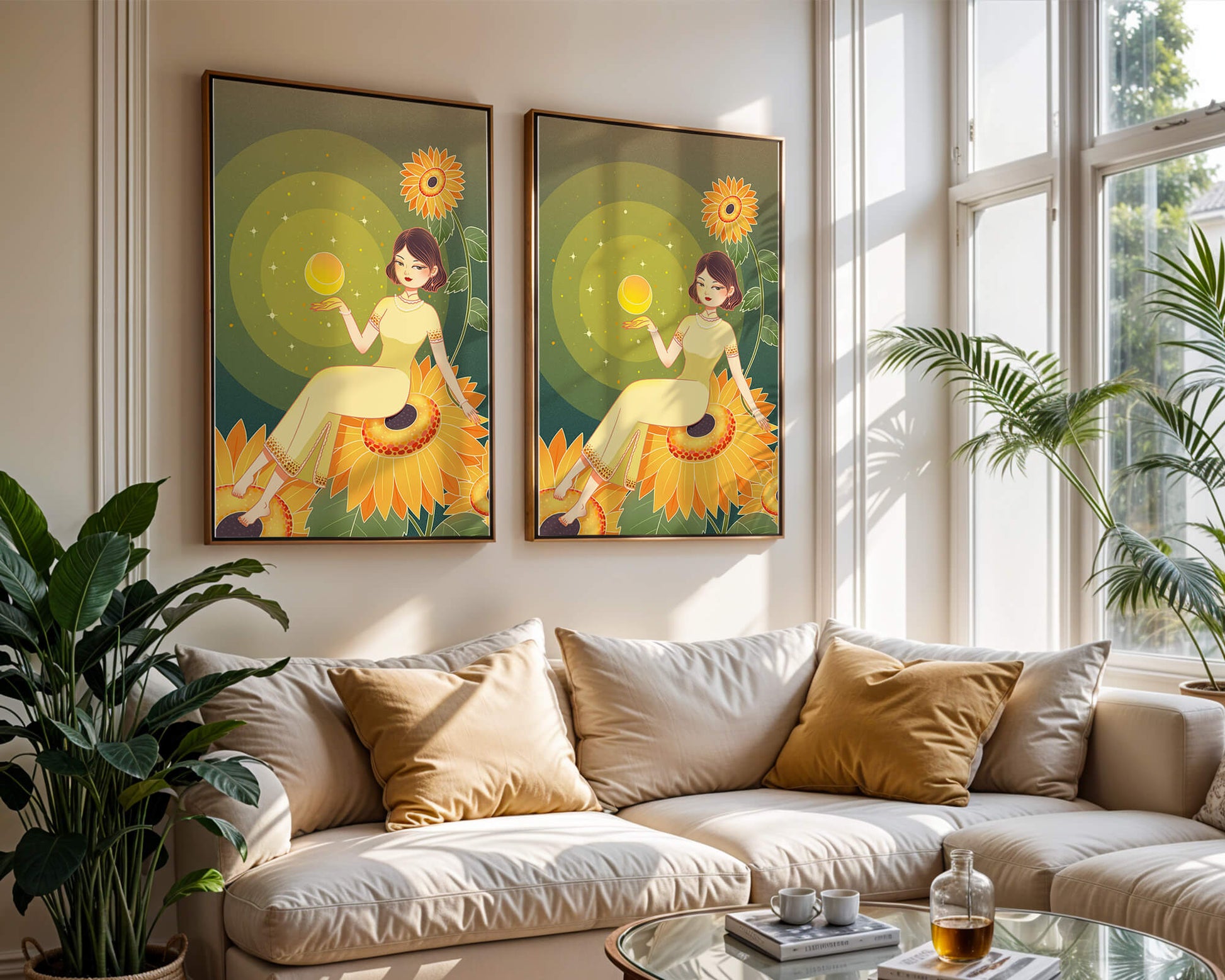 Elegant woman sitting on sunflowers in a celestial scene