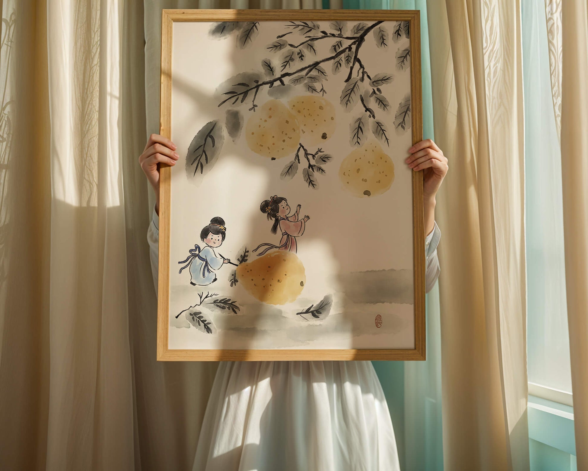 Ilustración encantadora de niños en vestimenta tradicional recolectando peras