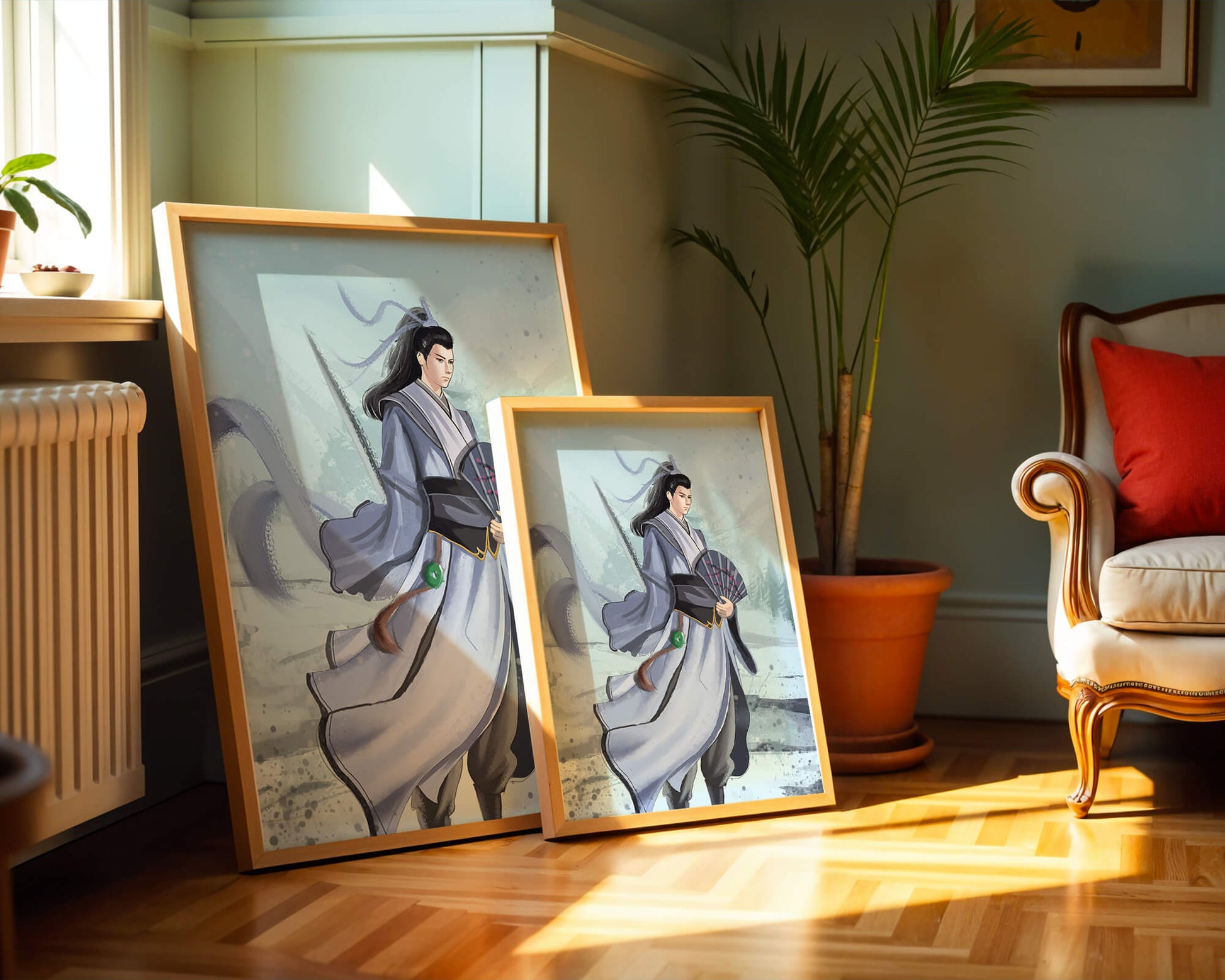 Elegant warrior in traditional attire with flowing robes and fan