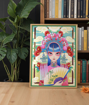 Ilustración elegante inspirada en el arte asiático con tocado elaborado y motivos florales