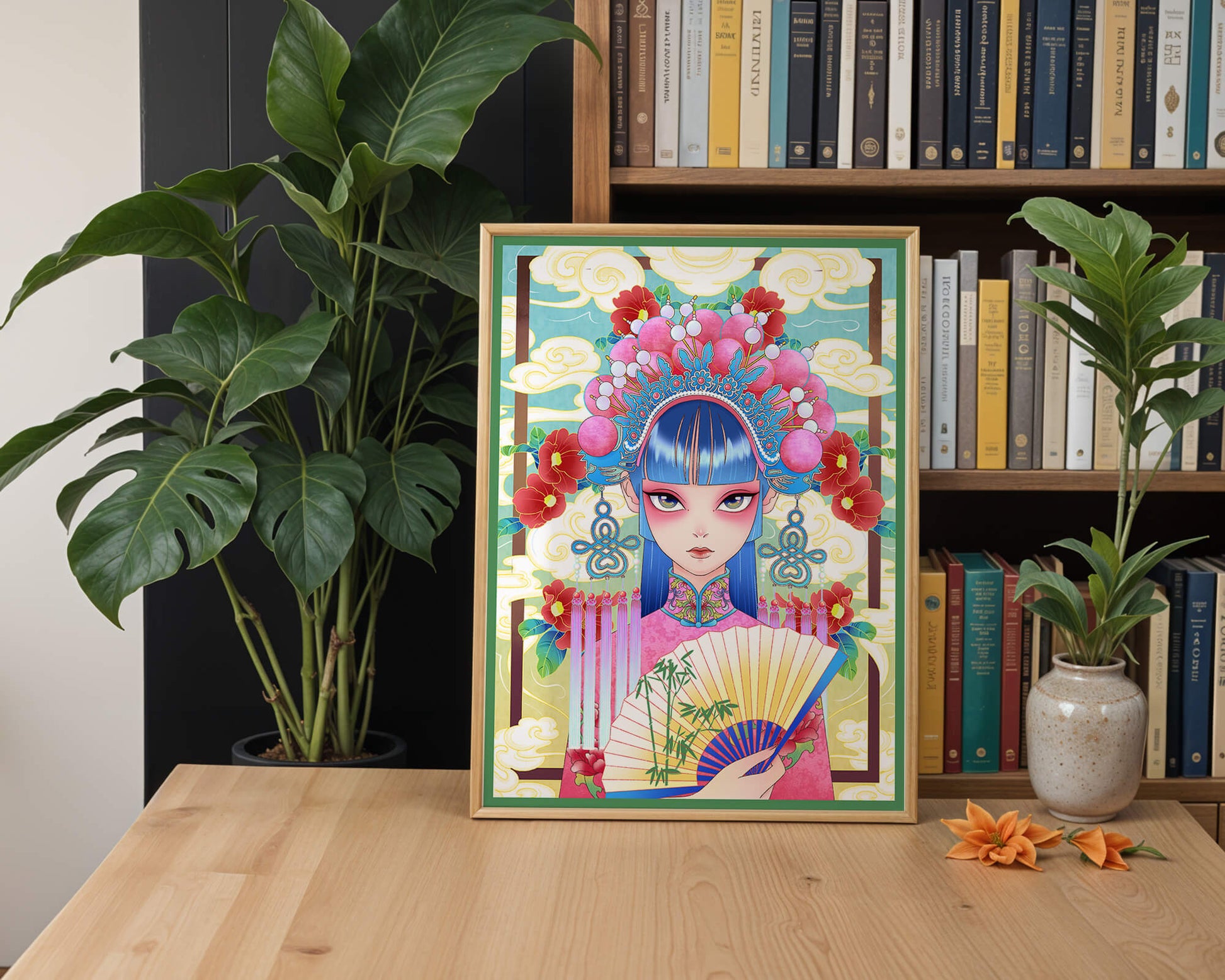 Ilustración elegante inspirada en el arte asiático con tocado elaborado y motivos florales