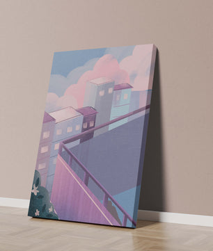 Urban Pastel Scene with Buildings and Pink Clouds