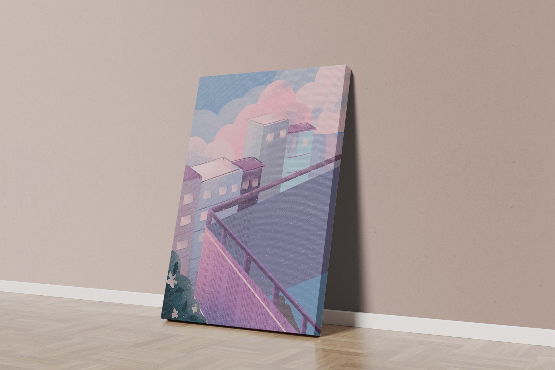 Urban Pastel Scene with Buildings and Pink Clouds