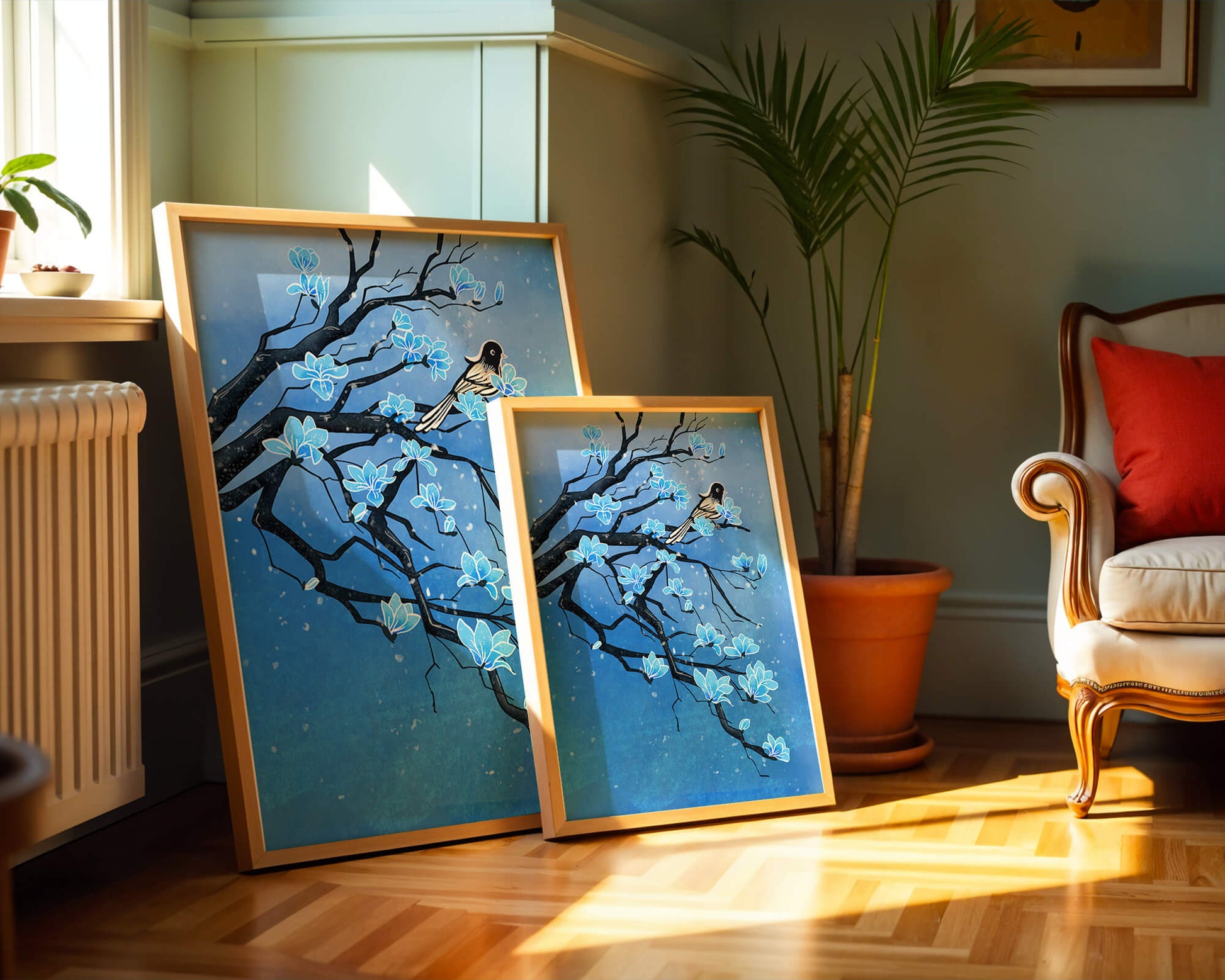 Bird on a branch with blue flowers against a snowy background
