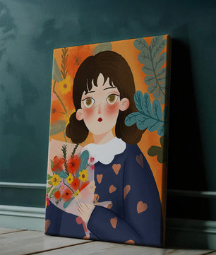 Ilustración encantadora de una chica con flores y corazones