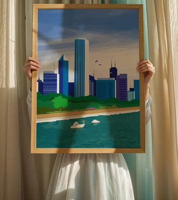Modern cityscape with skyline and waterfront in a vibrant style