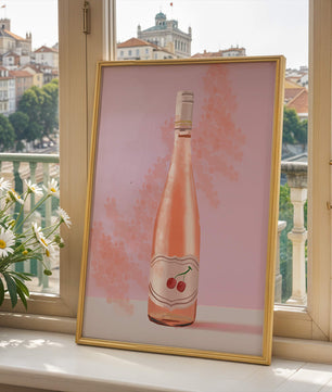 Illustrated wine bottle with a cherry label on pink background