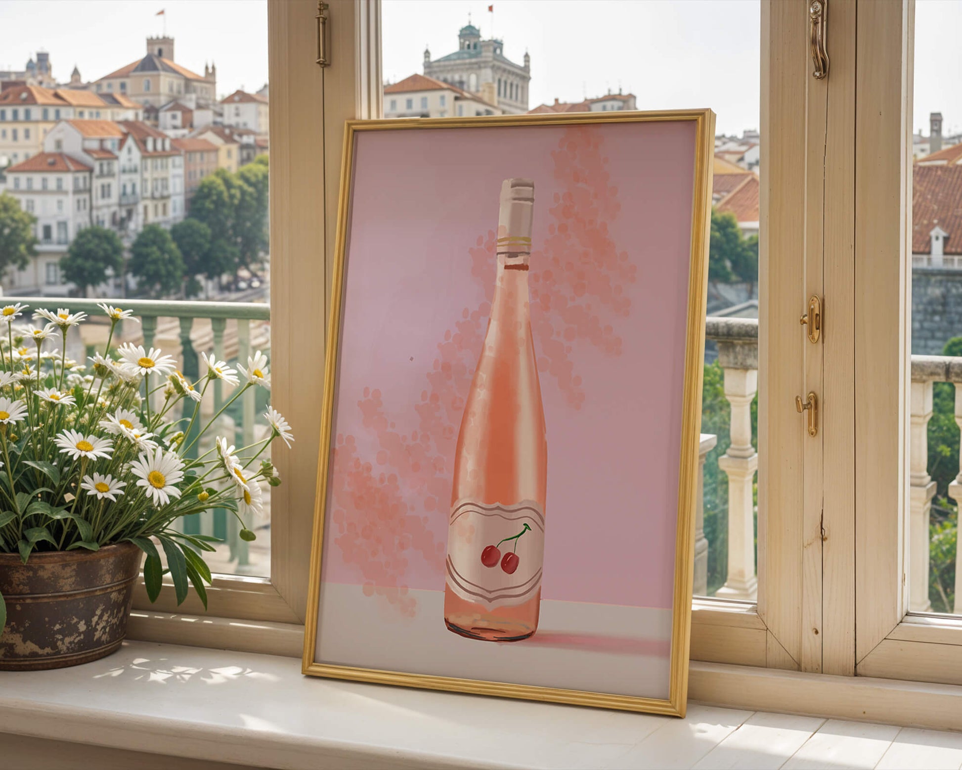 Illustrated wine bottle with a cherry label on pink background