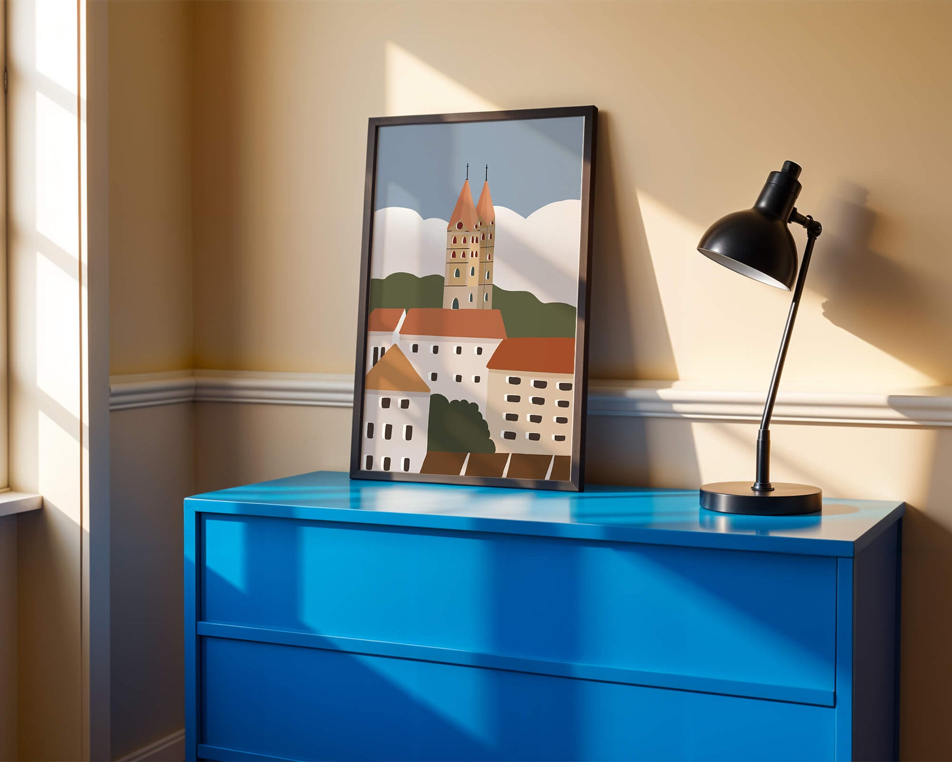 Charming European Cityscape with Church Towers and Colorful Buildings