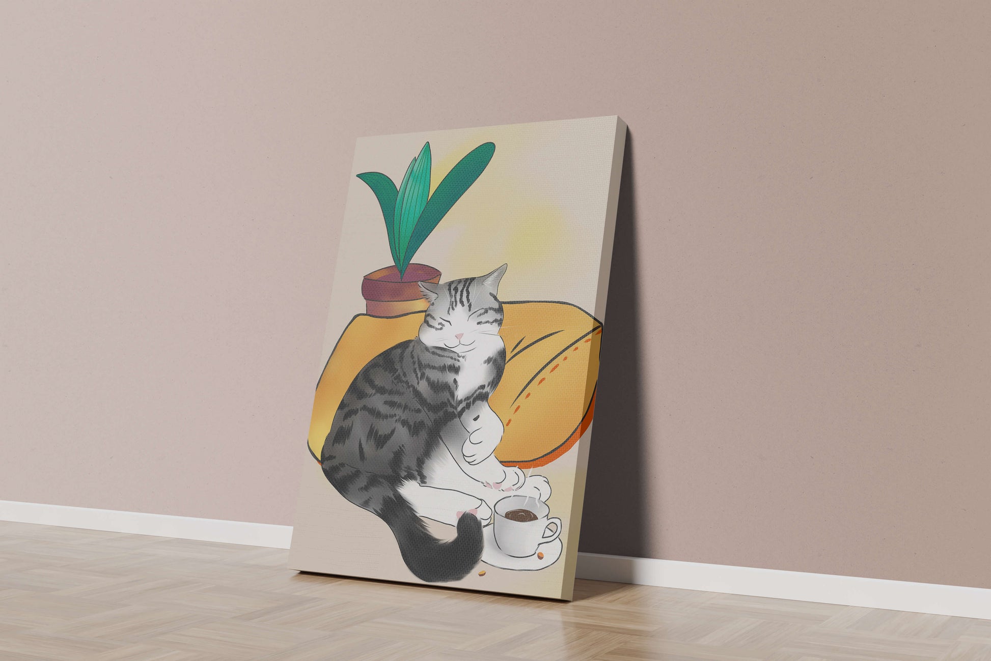 Entspannte Katze mit Kaffee und Pflanze auf gemütlichem Kissen