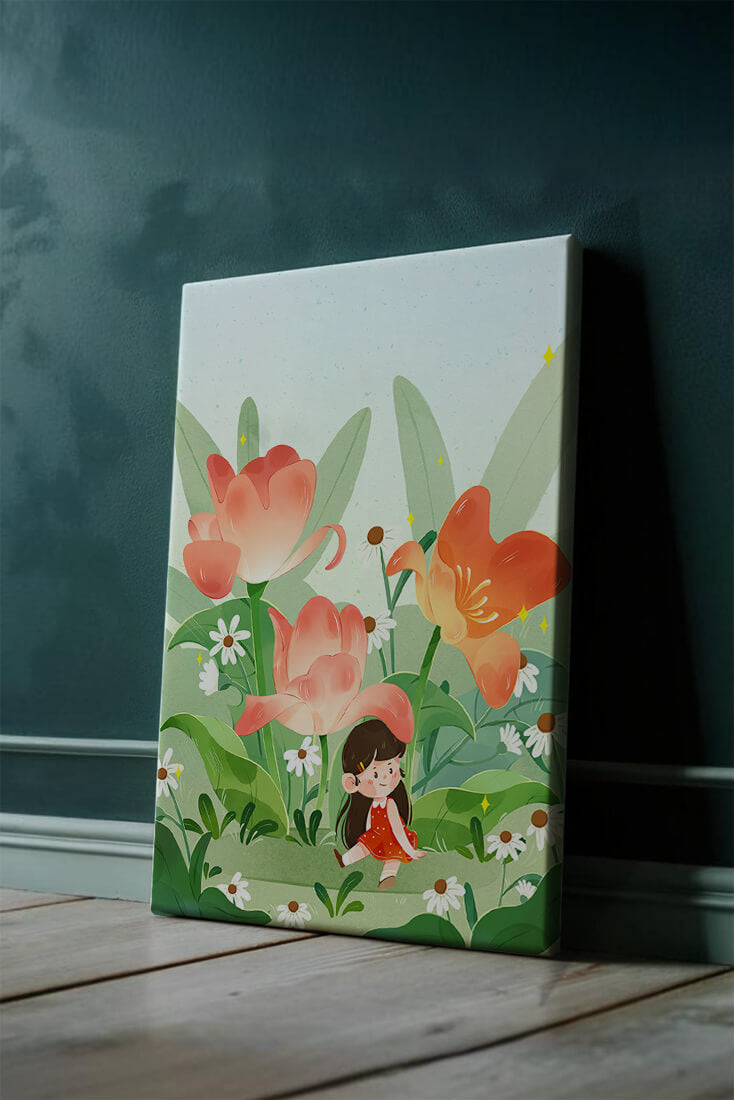 Charming floral garden with whimsical child illustration