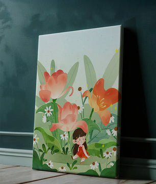 Encantador jardín floral con ilustración de niño caprichoso