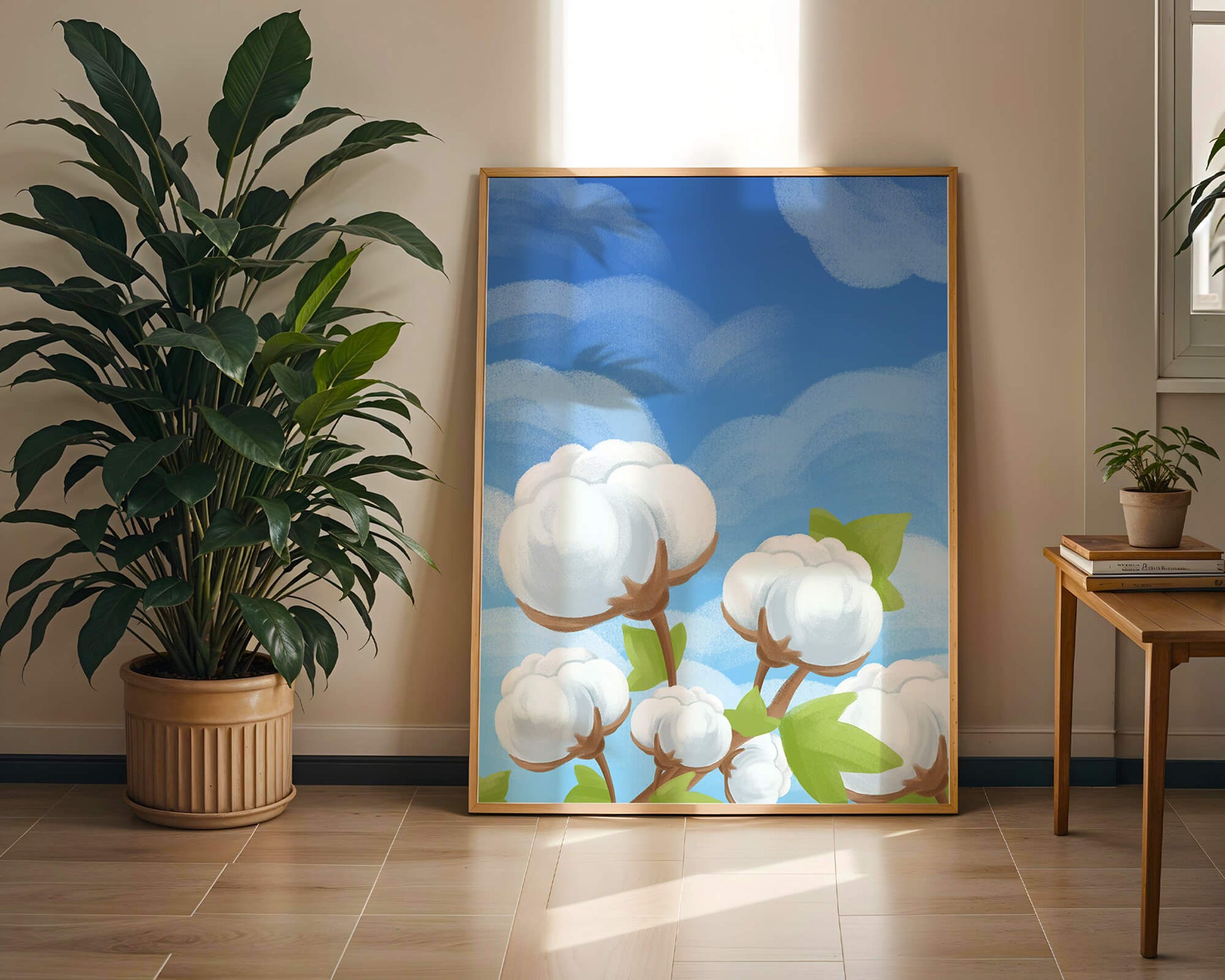 Künstlerische Illustration von Baumwollpflanzen vor einem klaren blauen Himmel