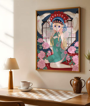 Chica anime elegante con atuendo tradicional y detalles florales y de grulla