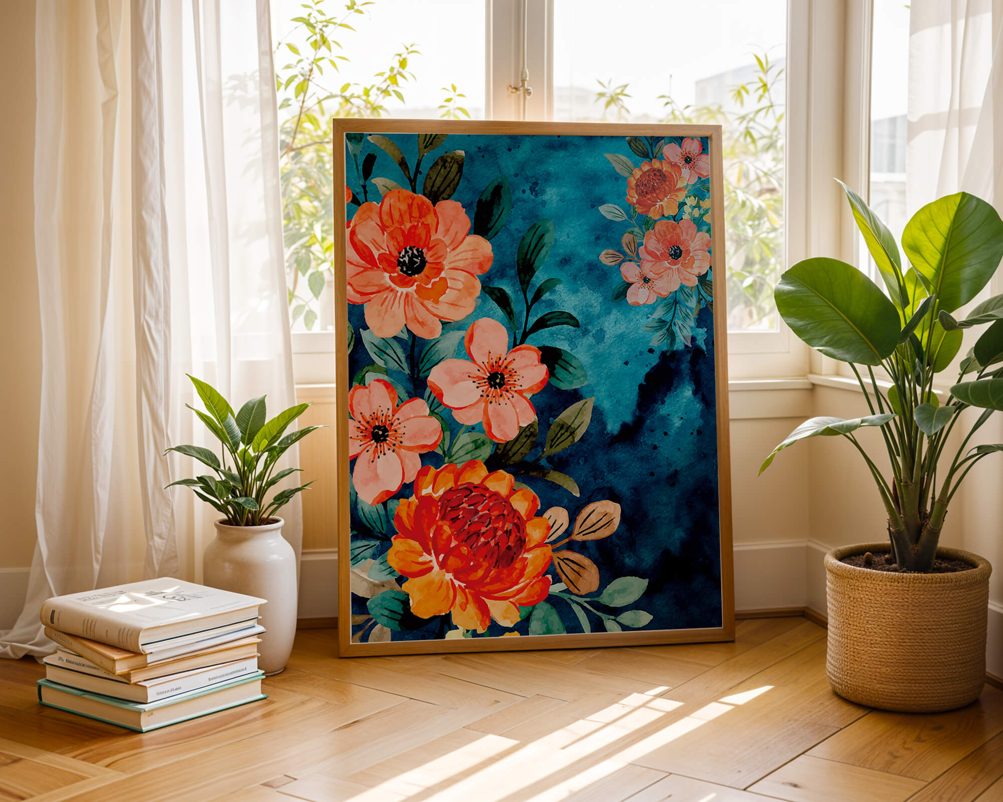 Vibrant floral watercolor design with orange blossoms and blue background