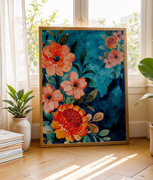 Vibrant floral watercolor design with orange blossoms and blue background