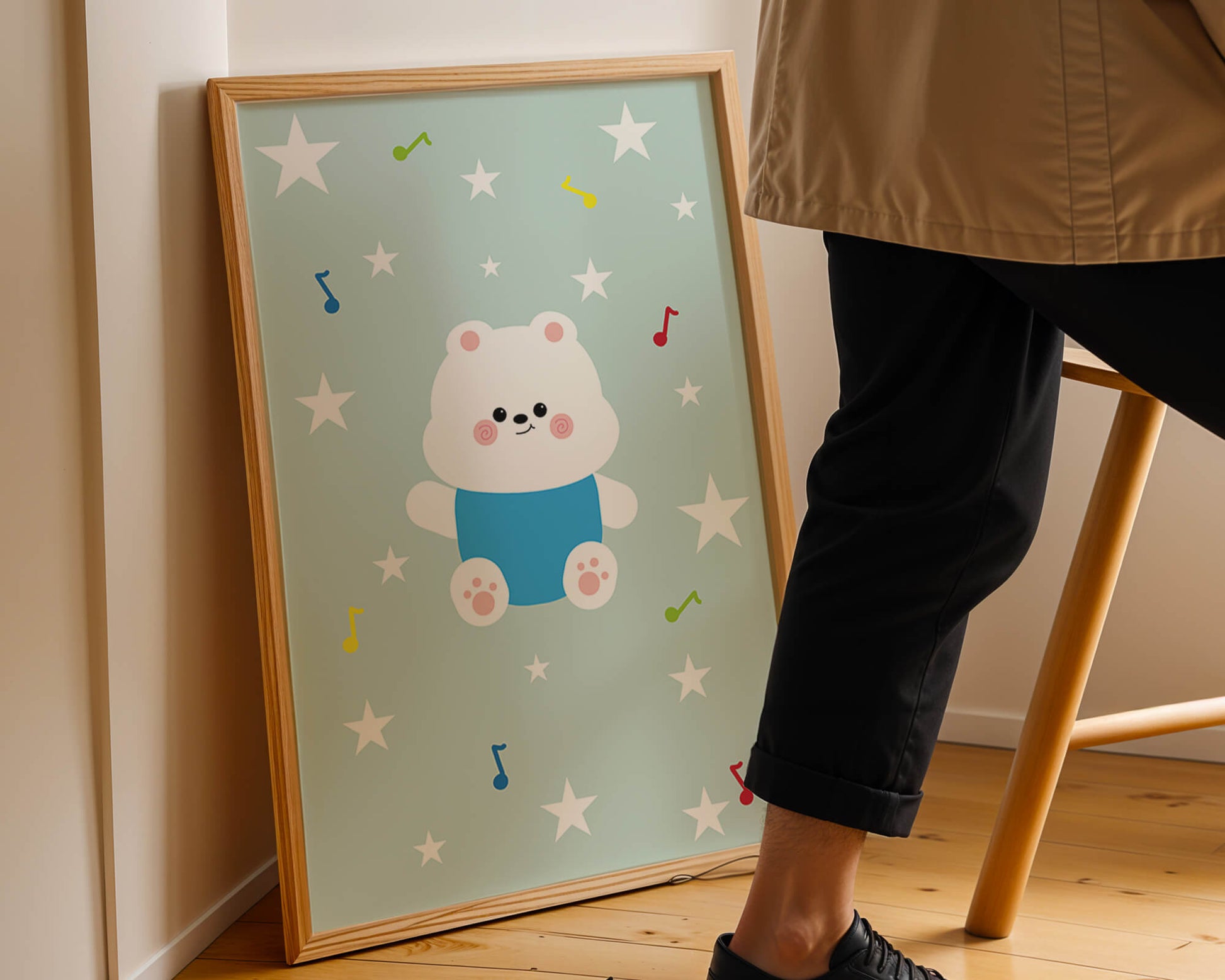 Playful bear illustration with musical notes and stars