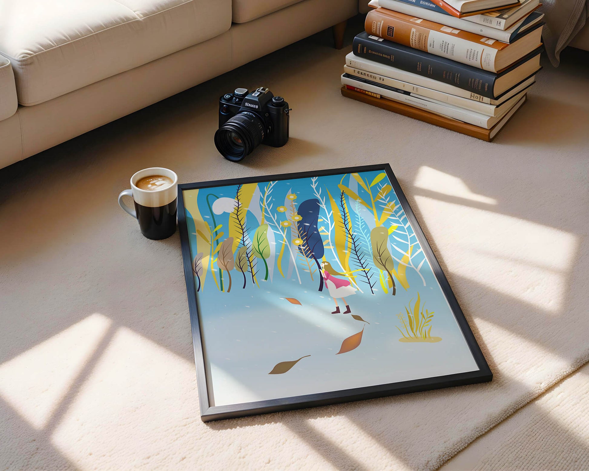 Whimsical scene with girl in colorful abstract forest