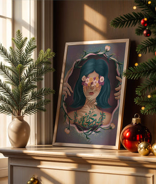 Portrait enchanteur d'une femme aux yeux floraux et aux cheveux noirs