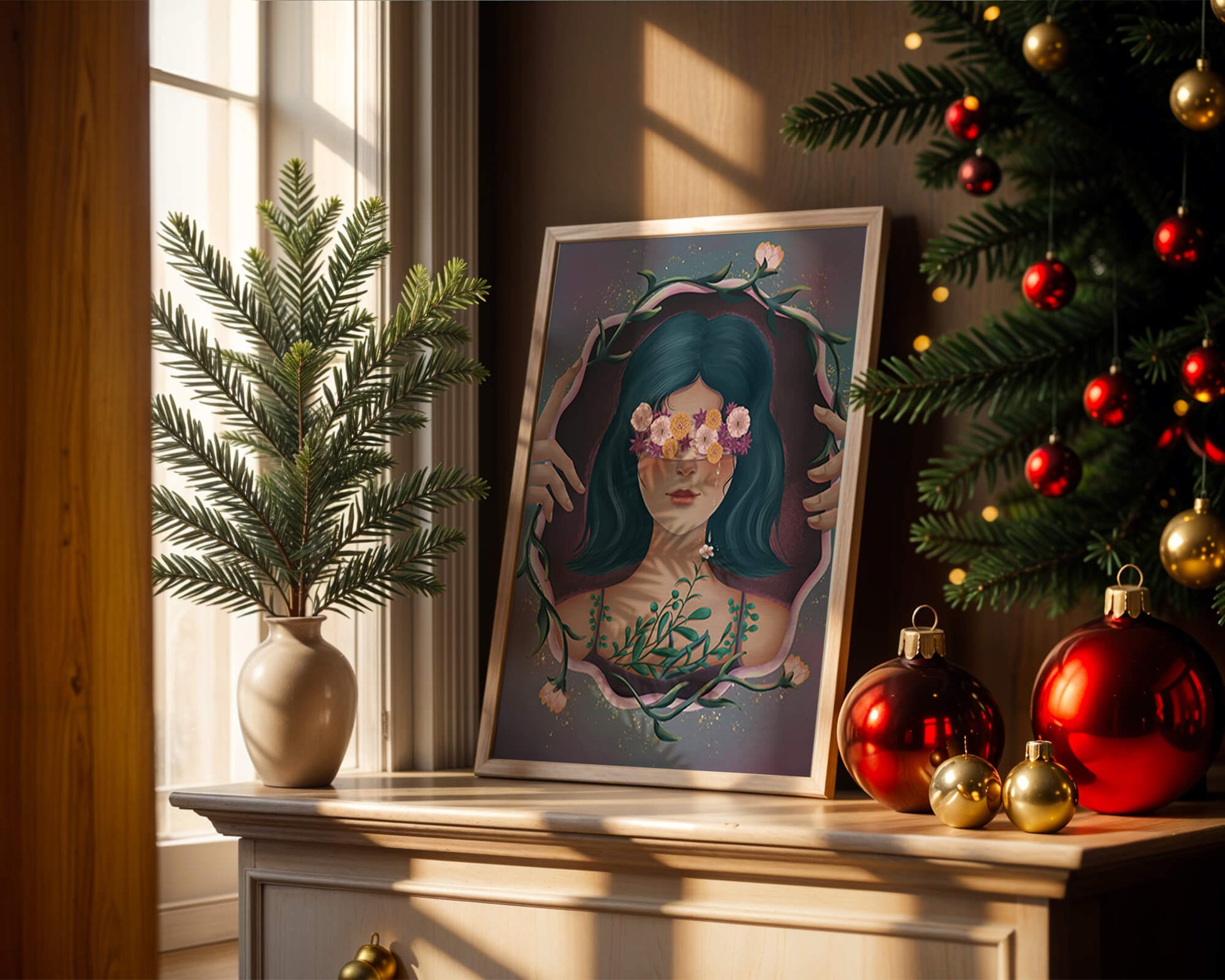 Retrato encantador de una mujer con ojos florales y cabello oscuro