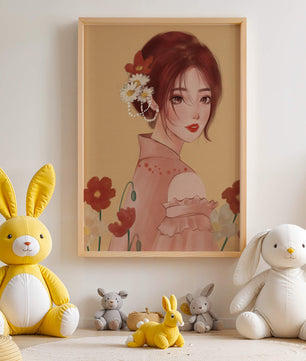Portrait élégant d'une femme avec des ornements floraux et une expression douce