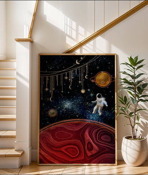 Escena espacial surrealista con astronauta y elementos celestiales