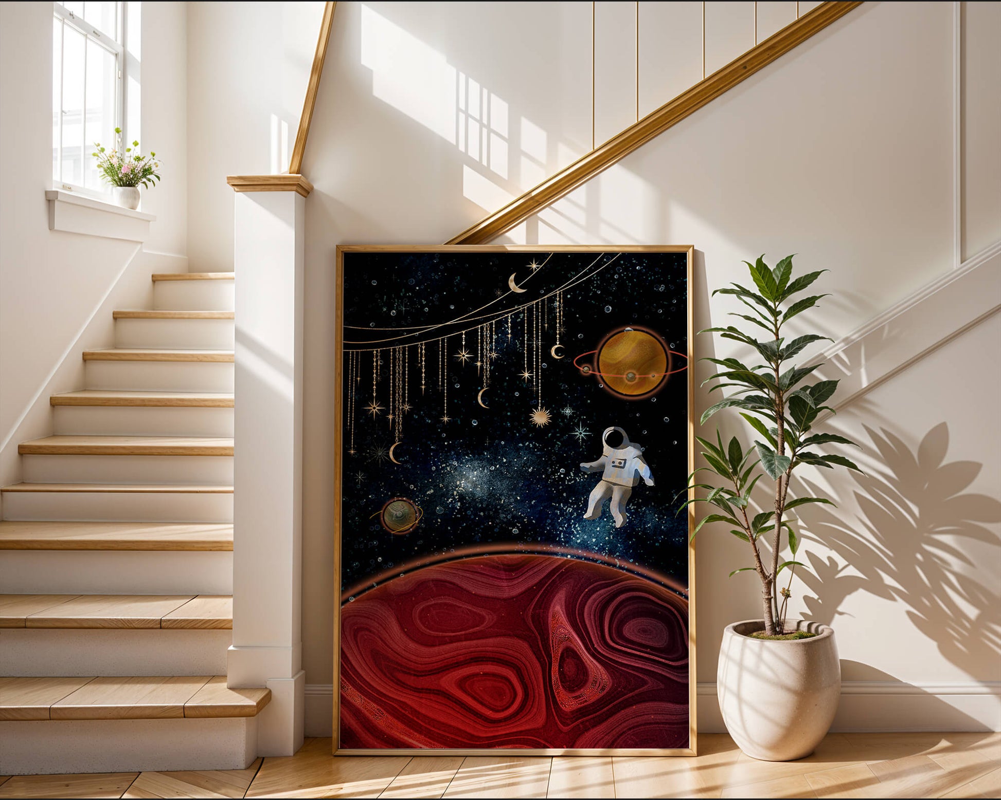 Surreal space scene with astronaut and celestial elements
