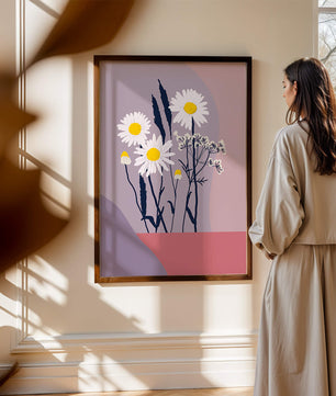 Illustrative floral artwork with daisies and abstract background