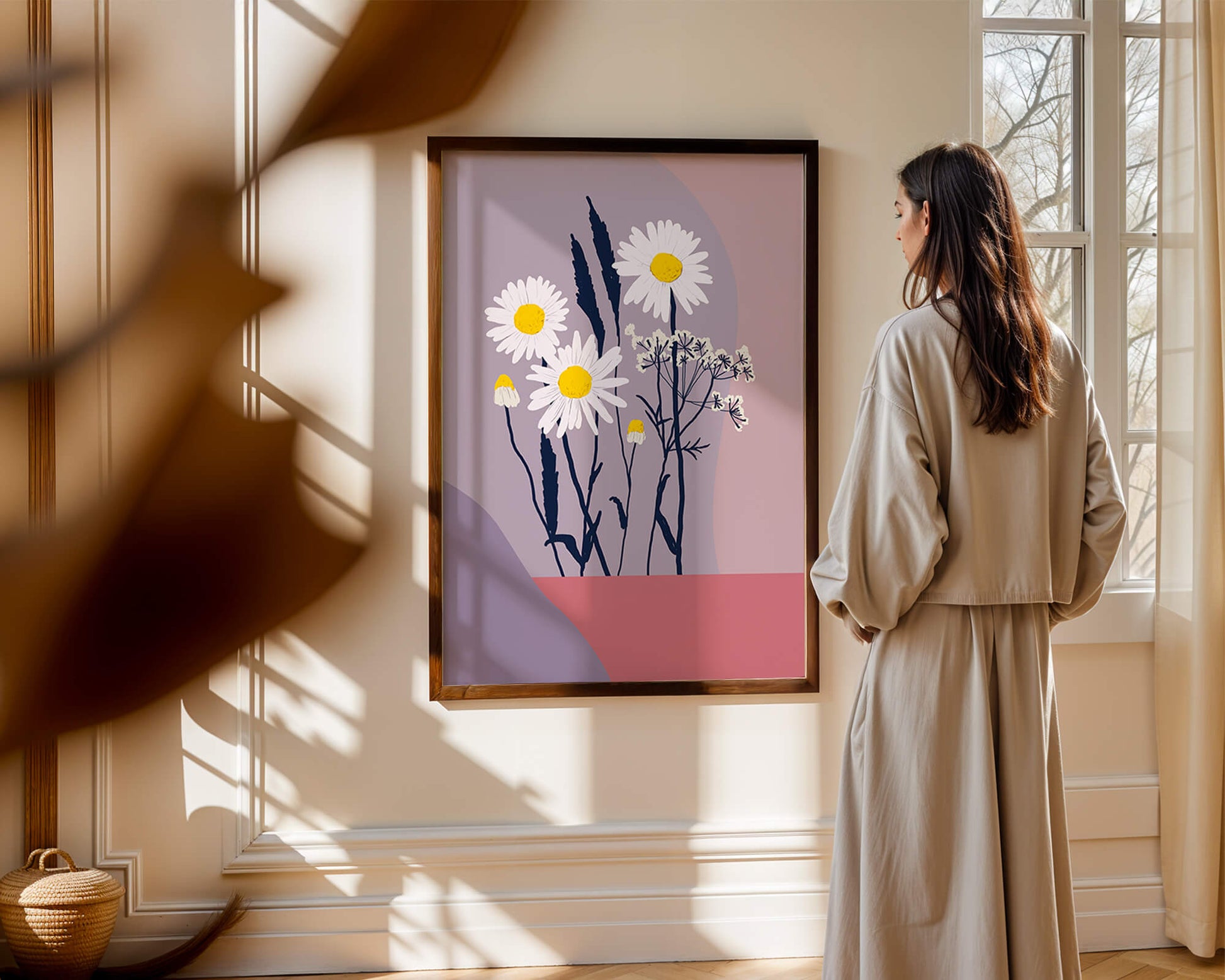 Illustrative floral artwork with daisies and abstract background