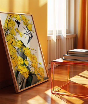 Representación artística de golondrinas entre flores amarillas vibrantes