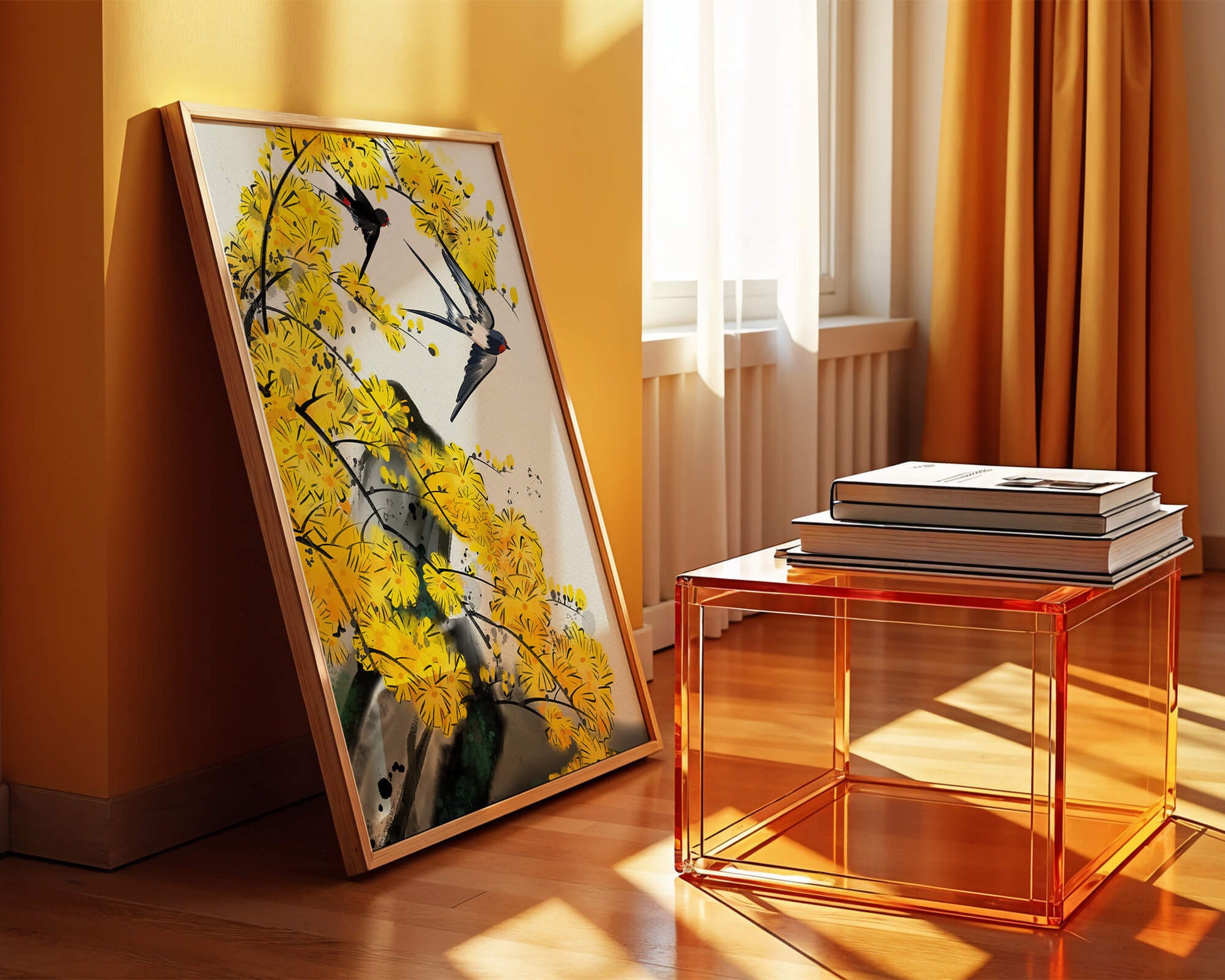 Artistic depiction of swallows amid vibrant yellow blossoms
