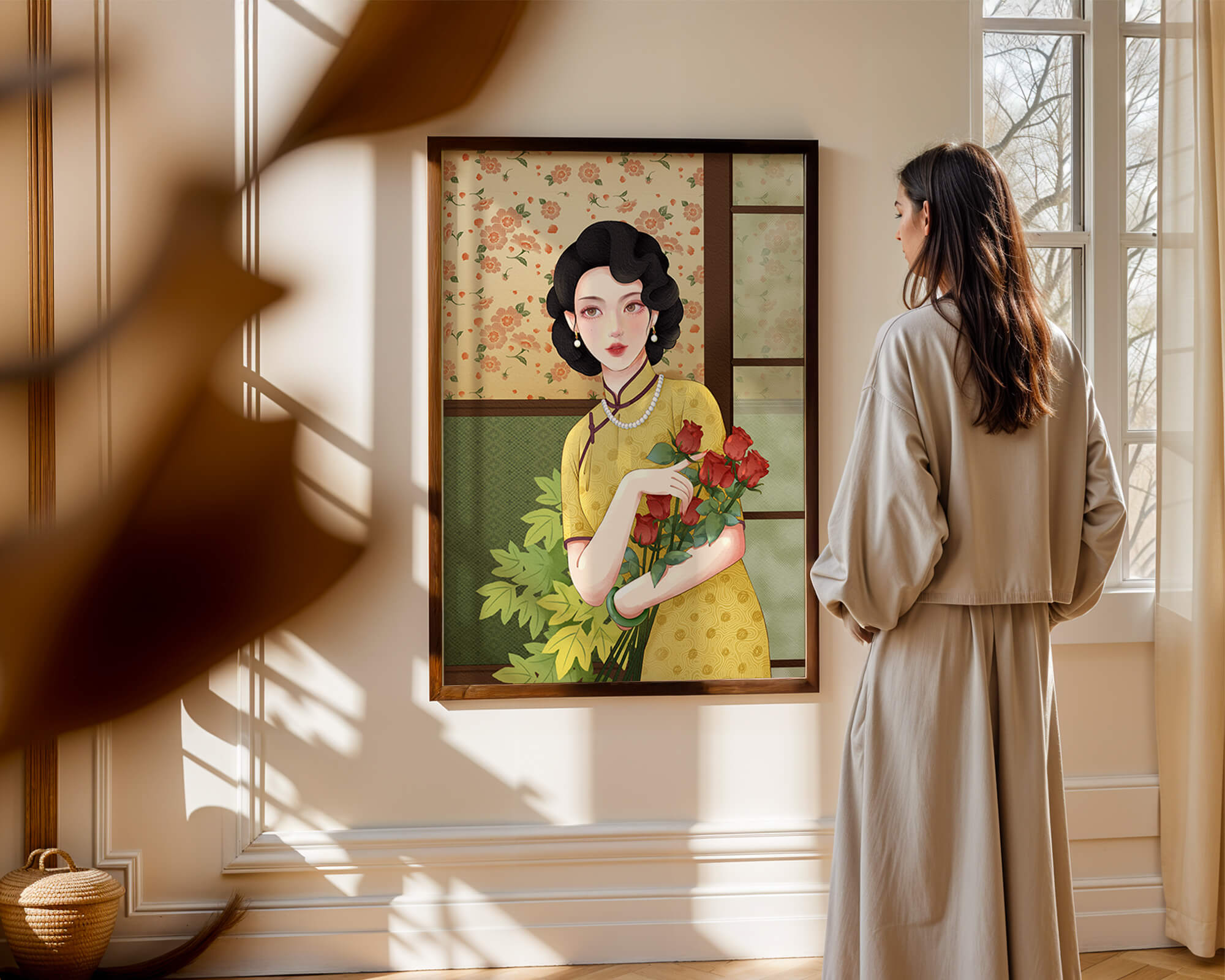 Elegant woman with floral backdrop holding a bouquet
