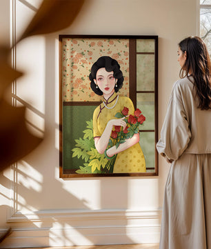 Mujer elegante con fondo floral sosteniendo un ramo