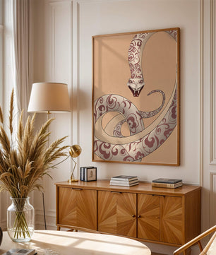 Elegant coiled snake with floral patterns in an artistic composition