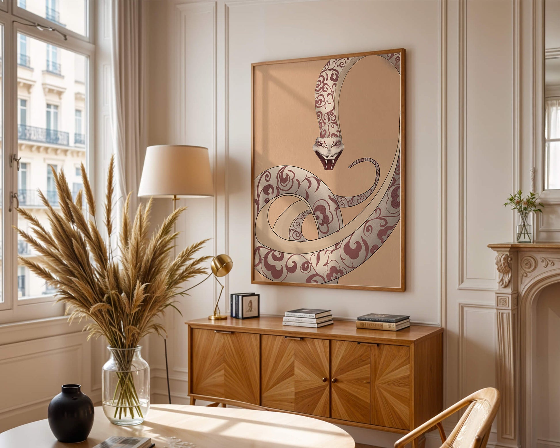 Elegant coiled snake with floral patterns in an artistic composition