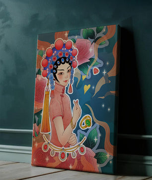 Traditional Asian-inspired illustration with jewelry and floral accents